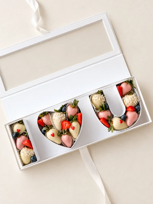 Клубничный бокс "I LOVE U" WHITE 3.0 — «Клубничный бокс I LOVE U WHITE 3.0» — клубничная композиция в коробке Dolce Sweets из 4 ягод клубники, 8…